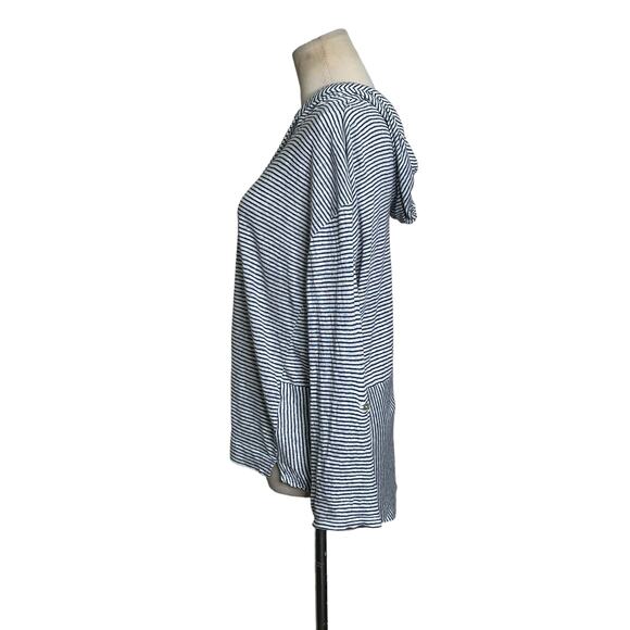 C&C blue white linen striped 3/4 sleeves lightweight hoodie size Small - Picture 8 of 13